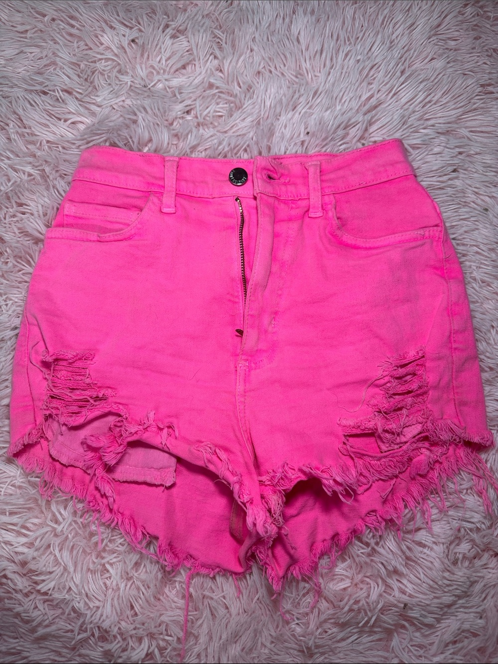 Fashion Nova Neon Pink Distressed High-Rise Denim Shorts